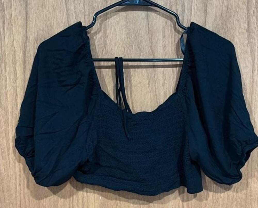 Wild Fable Black Tie-Front Puff Short Sleeve Crop Top - Picture 4 of 4